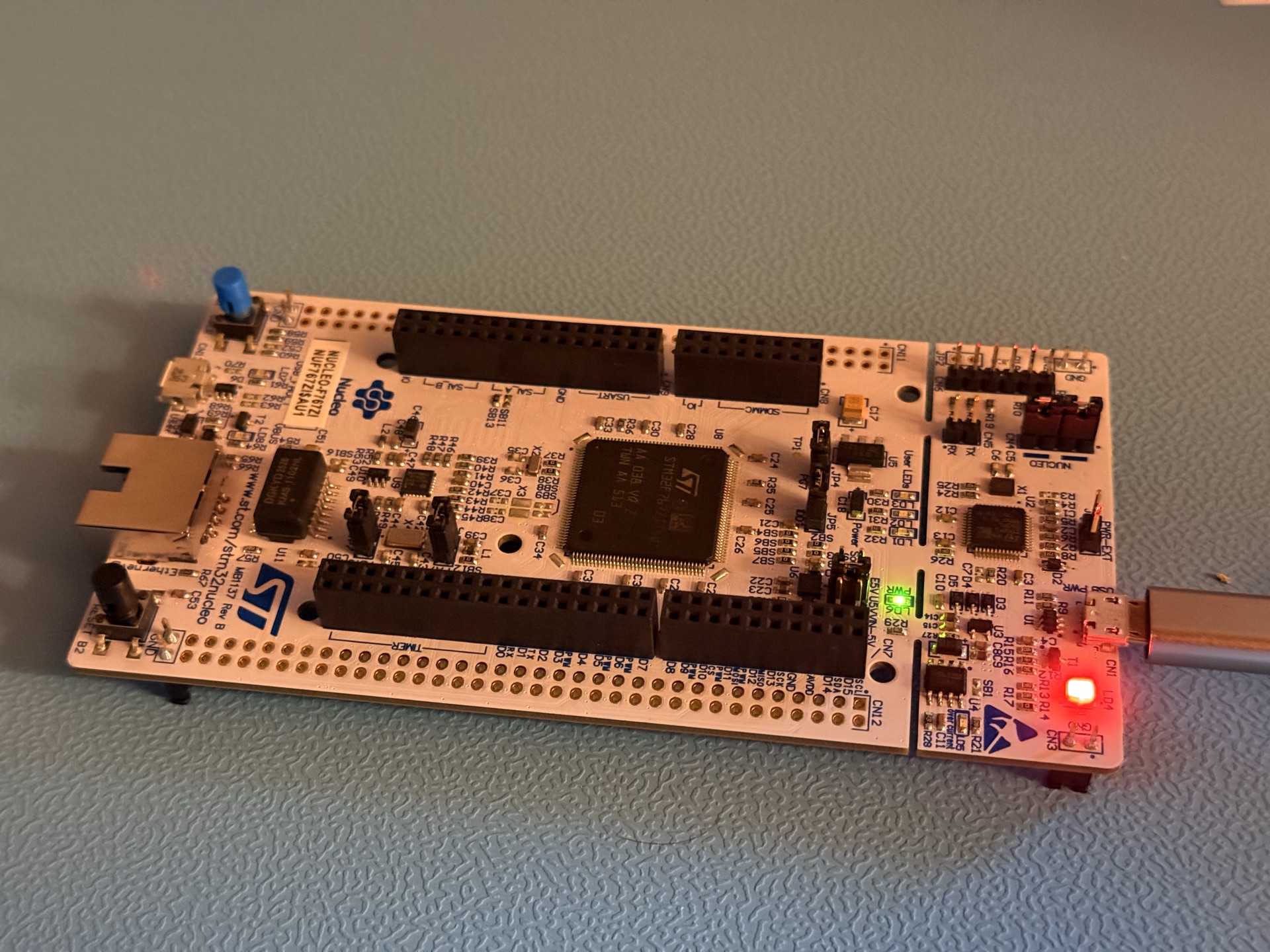 STM32 Nucleo-F767ZI board running the RailMind cognitive engine live on the bench