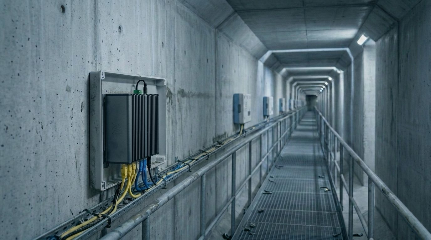 Edge Hub inside a bridge box girder, wired to nodes along the girder