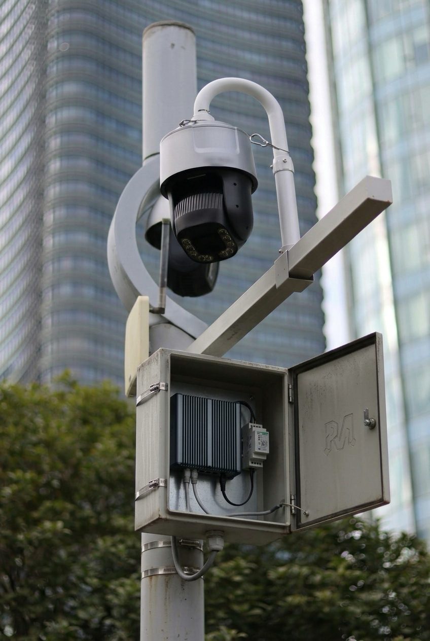 Pole-mounted cabinet with an Edge Hub under a street camera